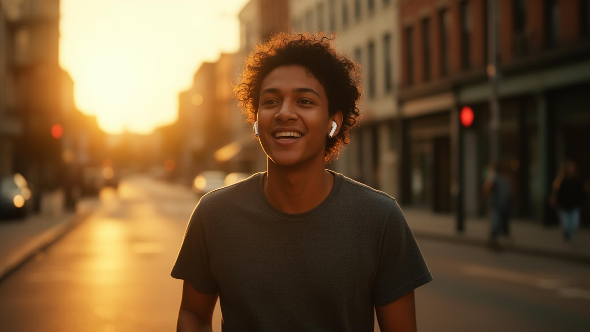 Persona caminando relajada por la calle con auriculares al atardecer.