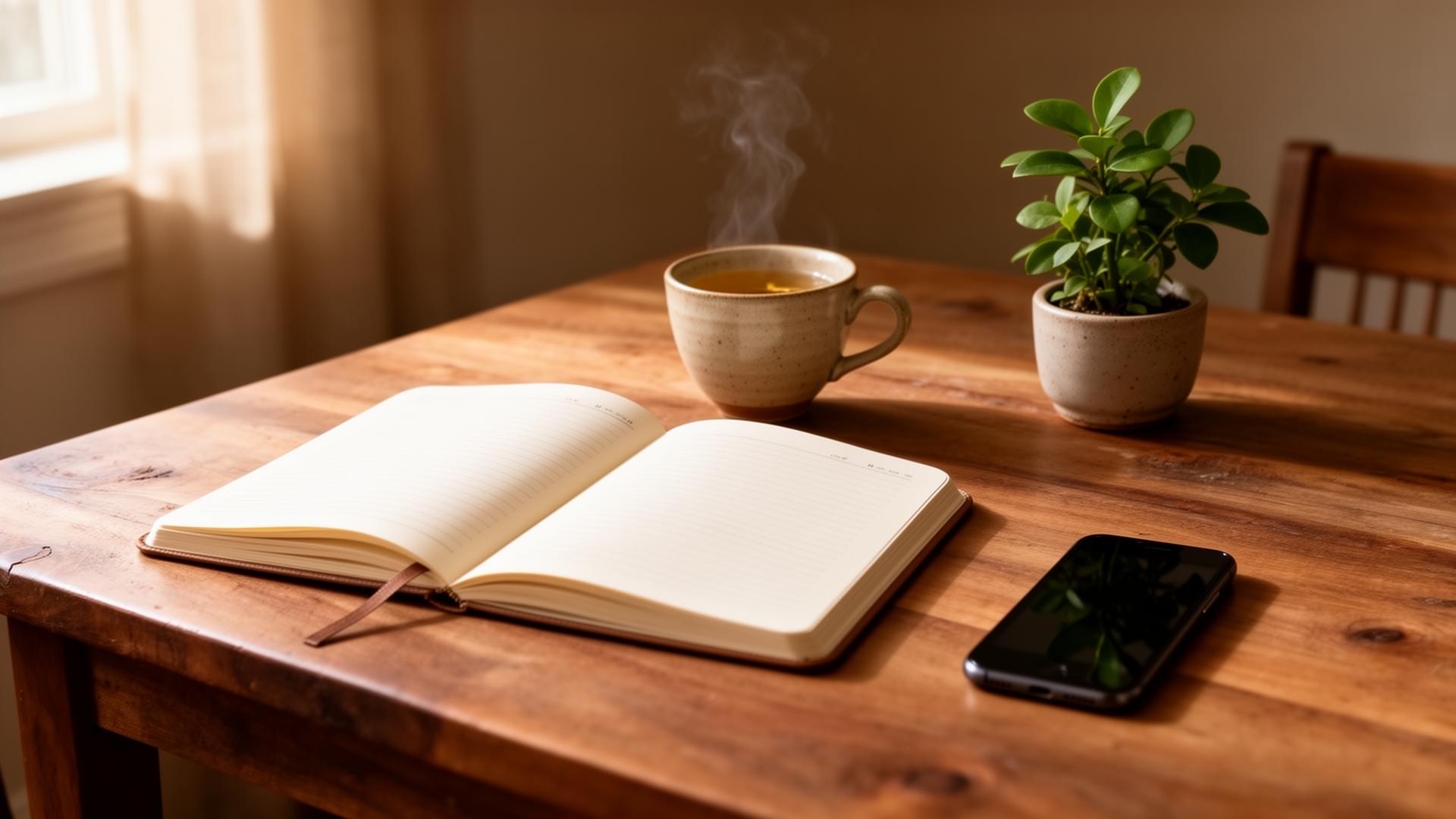 Escritorio sereno con cuaderno abierto, taza de té, planta y móvil boca abajo.