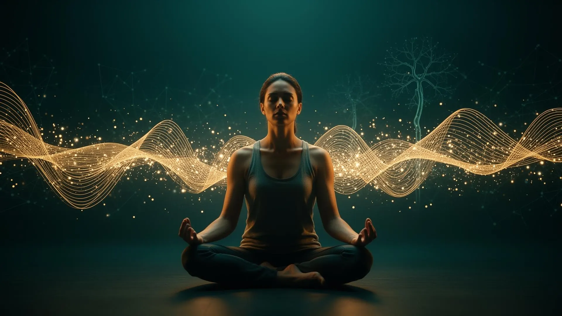 Figura contemplativa meditando mientras ondas musicales fluyen transformándose en partículas de luz
