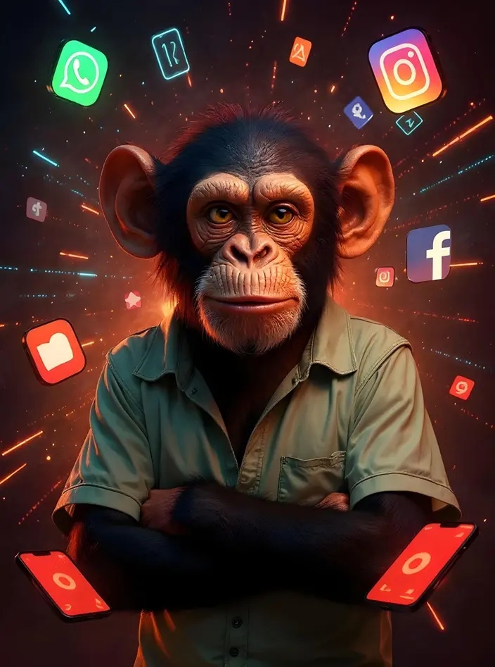 Chimpancé rodeado de iconos de redes sociales representando dispersión digital